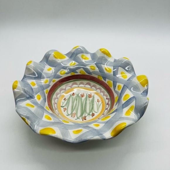 Mackenzie-Child’s Aalsmeer Vintage Aalsmeer Ruffled Blue and Yellow Ceramic Bowl - Picture 8 of 9